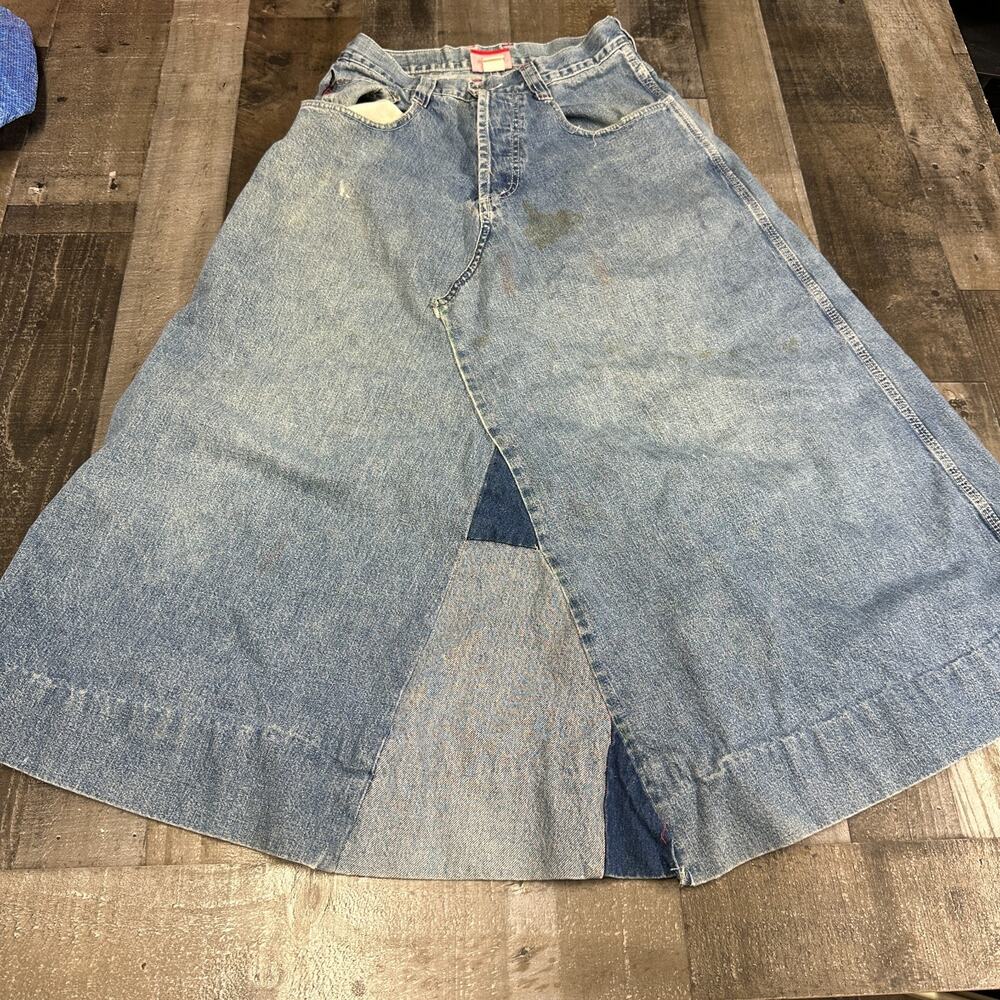 VTG 90s Kikwear Industries Custom Wide Leg‎ Baggy Denim Skirt 26" Raver Grunge